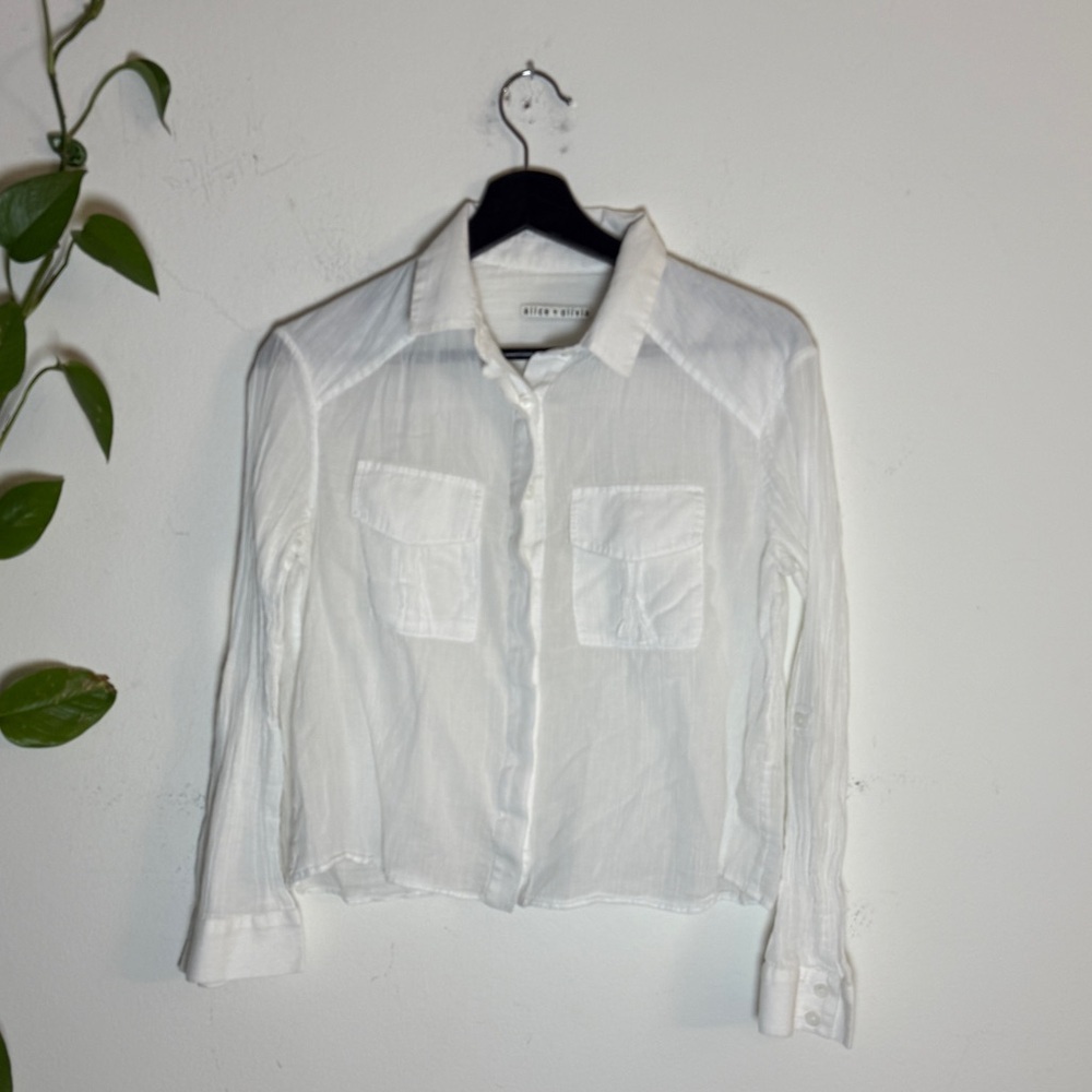 Alice & Olivia White Button-Up Shirt Cotton Cropped Light Weight - XS